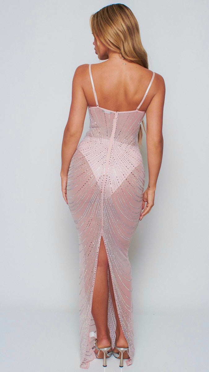 dusty pink lace detail striped mesh midi dress Zaina Dress