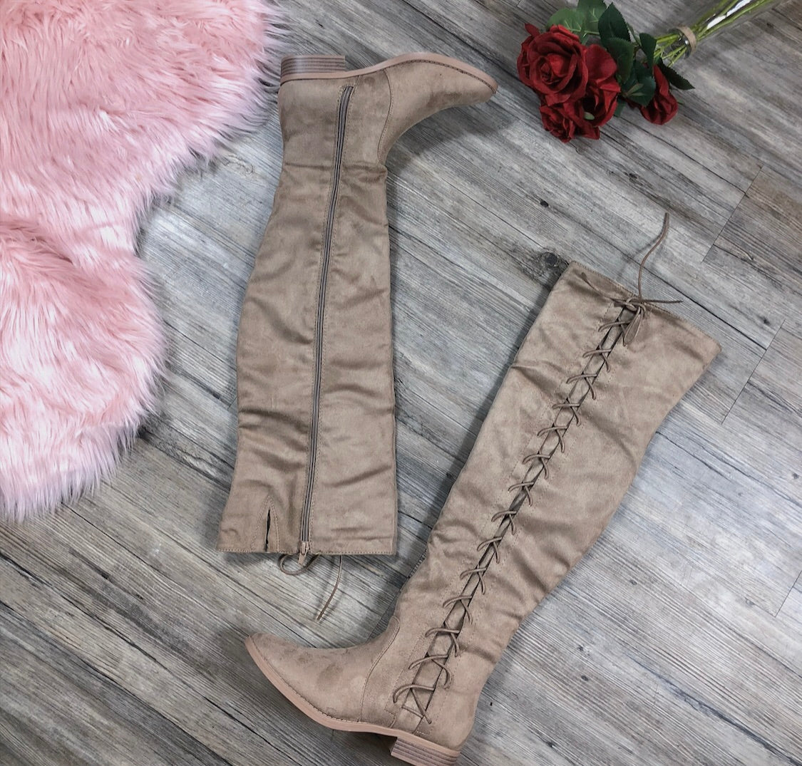 Stuck On You Thigh High Boots - Taupe